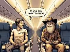 An atheist was seated next to an old cowboy on a plane