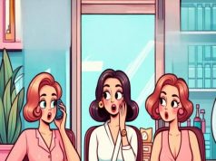 Three women are sitting in a beauty parlor, chatting about their husbands.
