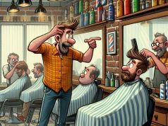 This guy sticks his head into a busy barbershop