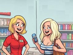 A blonde walks into a store and sees a shiny object on the shelf.